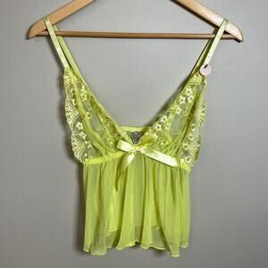 Lacy Embellished Bright Yellow Baby Doll Camisole Top NWT Sheer w Bow Accent Lg‎